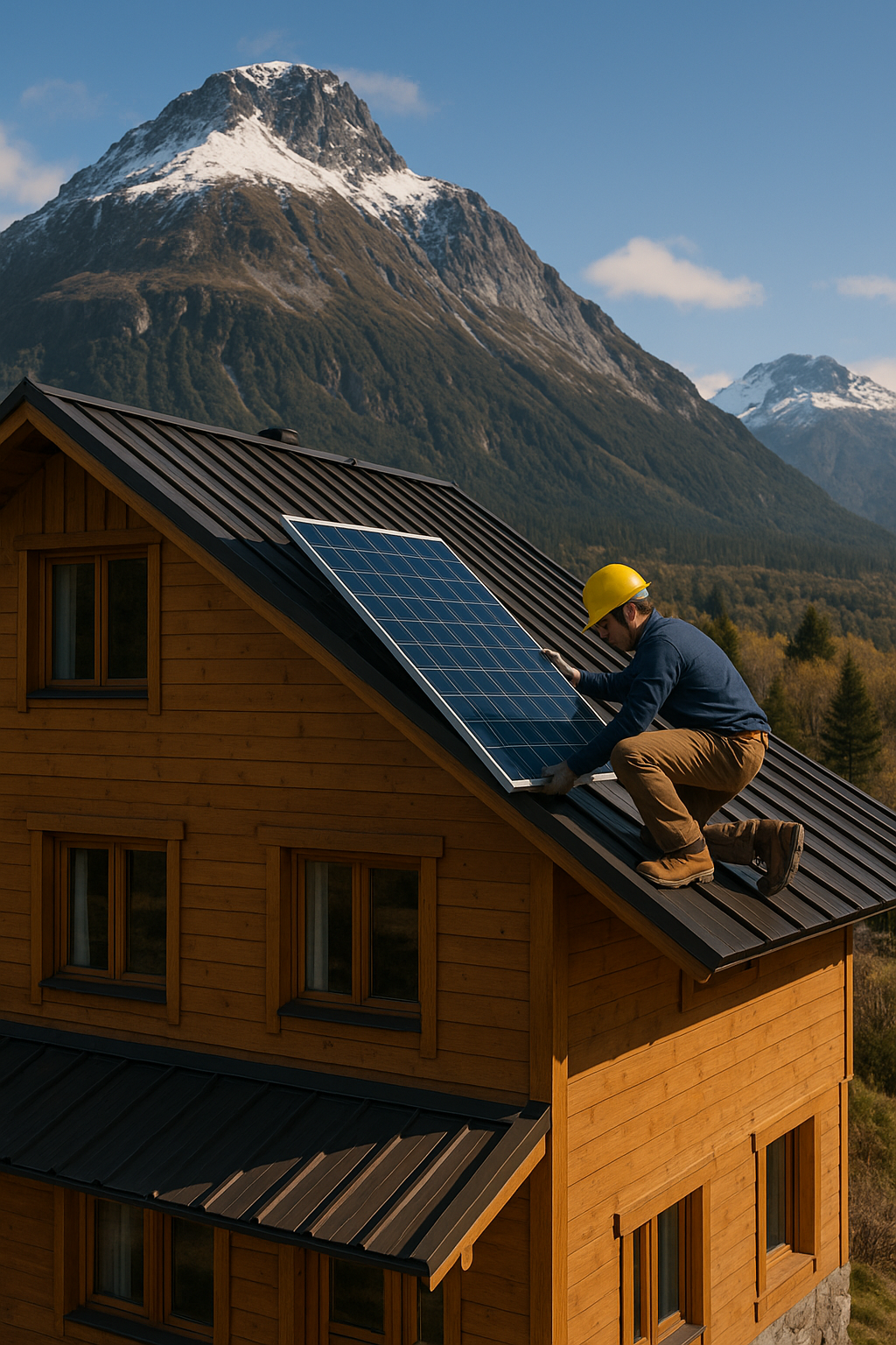 Instalación de panel solar en casa de montaña
